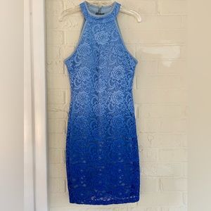 Blue ombré halter top bodycon lace dress